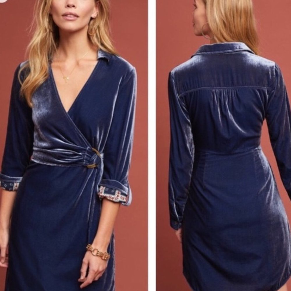 Anthropologie Blue Velvet Shirt Dress by Maeve